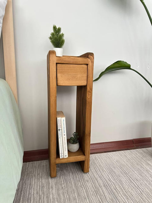 Handmade Narrow Wood Nightstand, Floating Shelf with Drawer