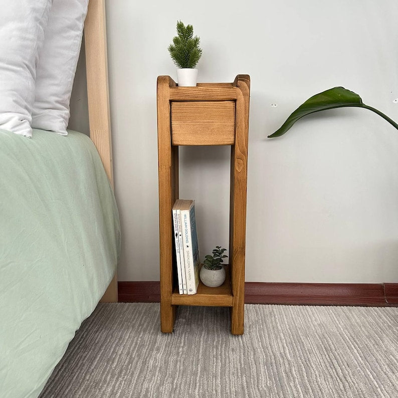 Handmade Narrow Wood Nightstand, Floating Shelf with Drawer
